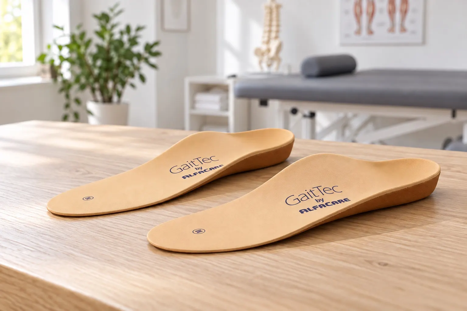 A pair of GaitTec insoles from AlfaCare with a beige top surface and brown base on a table in the treatment room