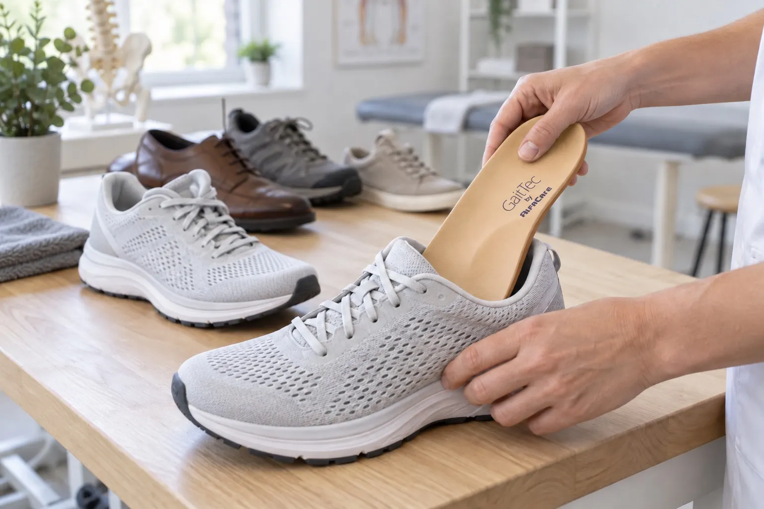 A GaitTec insole being placed in a running shoe, with several pairs of everyday shoes in the background